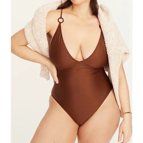 NWT J. Crew Brown O-ring V-neck One Piece Swimsuit - Picture 1 of 4